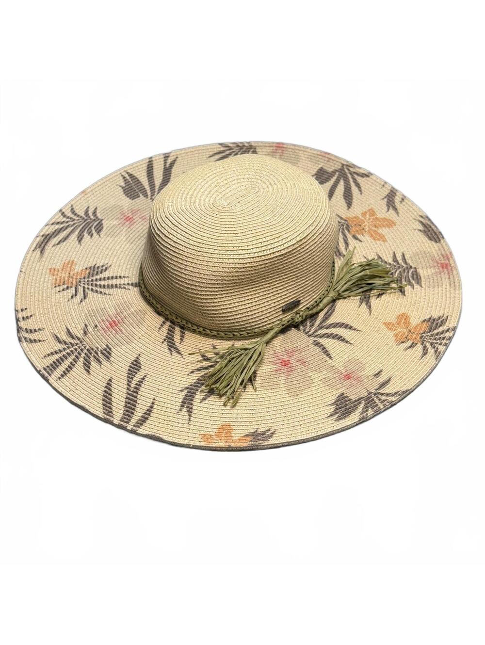 Karen Keith Floral Pattern Wide Brim Straw Sun Hat with Tassel Detail
